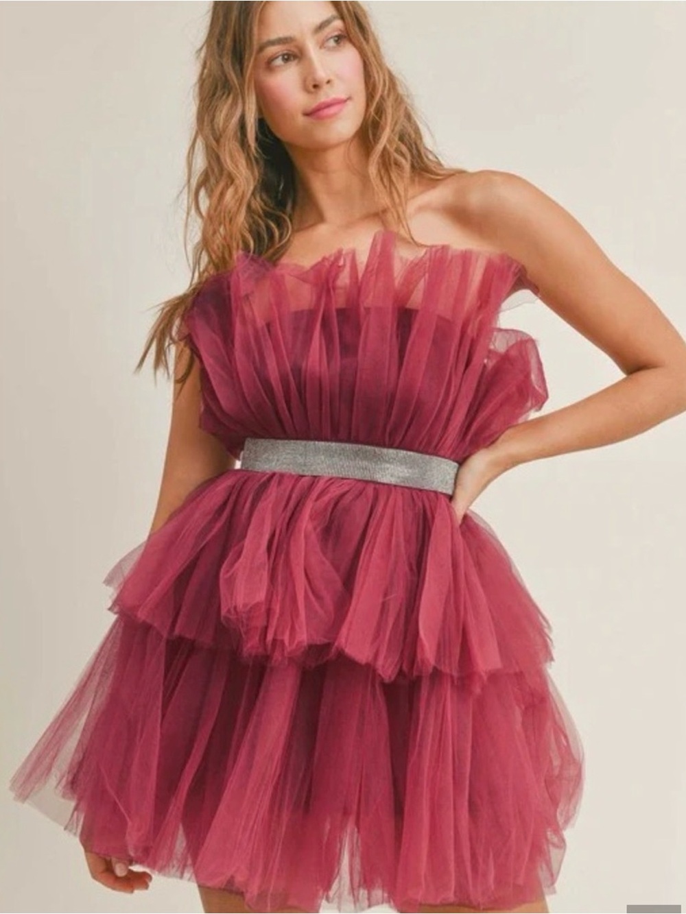 Mable mulberry tulle mini dress with rhinestone belt